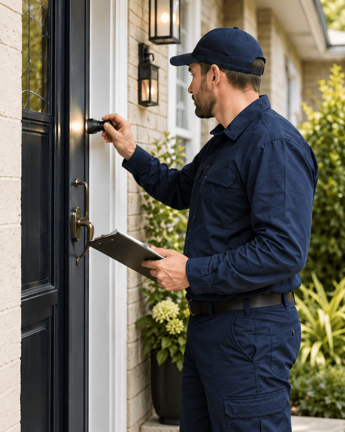 Illustration d’un technicien inspectant l’entrée d’une maison